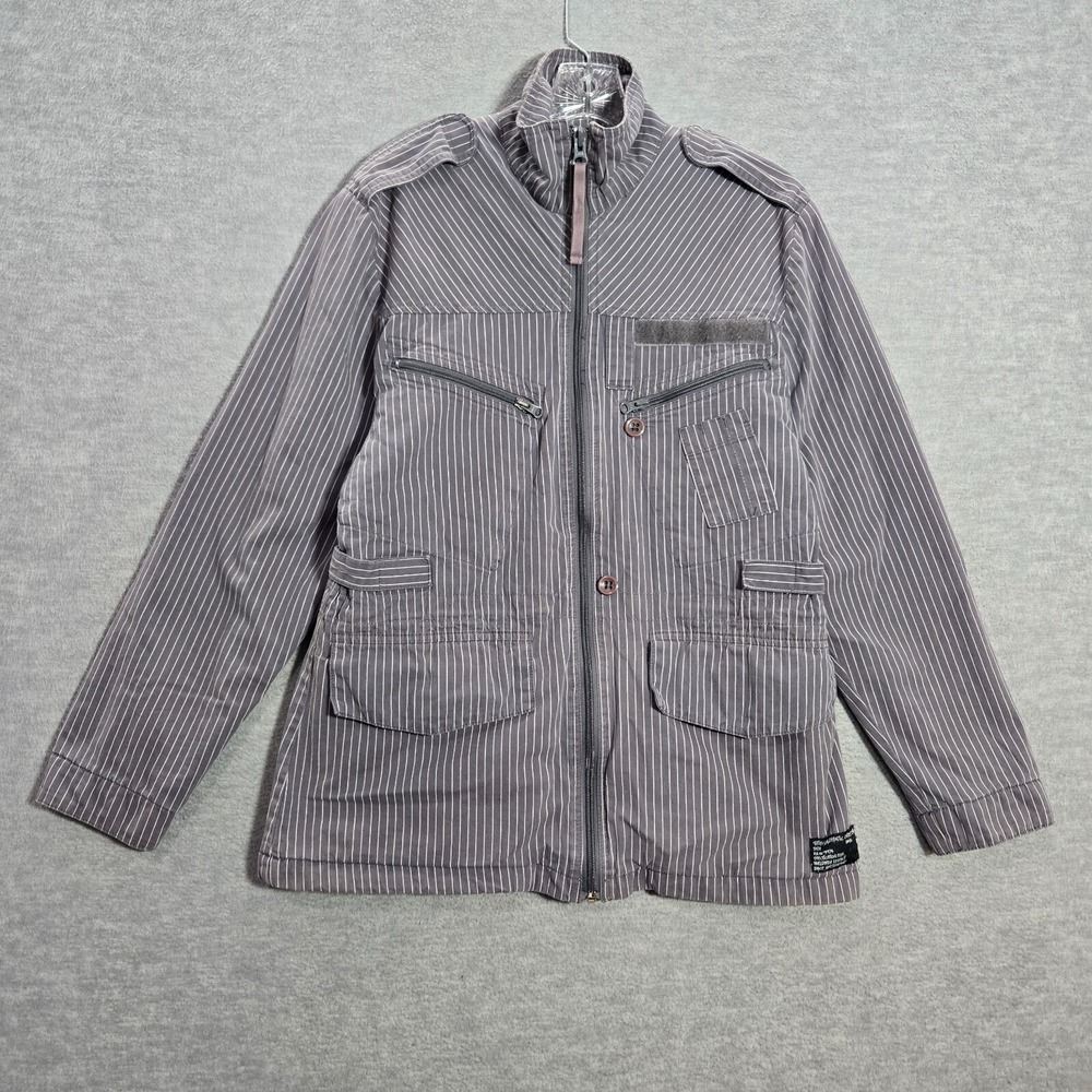 Stussy Women Jacket S Gray Striped Full Zip World Wide Respect Cargo Pocket READ